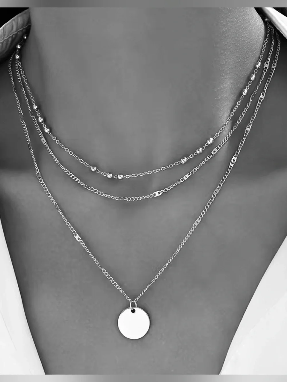Silver Layered Disc Pendant Necklace Set - 2 Necklaces